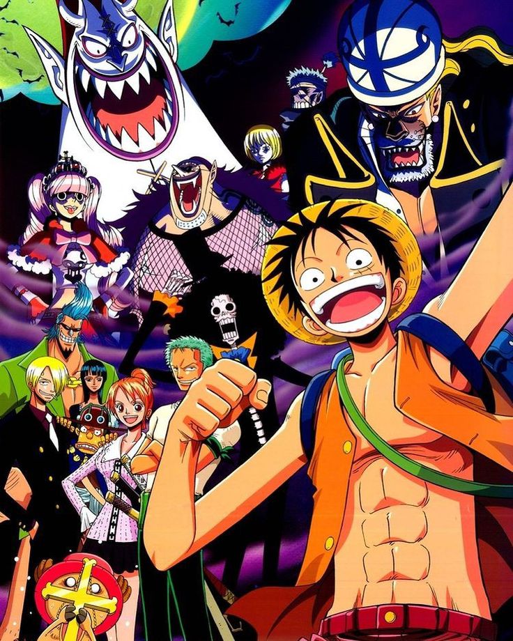 One Piece, featuring Luffy and the gang, now with Brook in the picture, and the enemies looming over top.